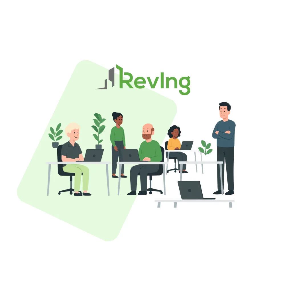 Illustration von fünf Personen in einem modernen Büro mit Laptops und Pflanzen,  ein stehender Mann und andere, die an Tischen sitzen, mit dem RevIng-Logo darüber.