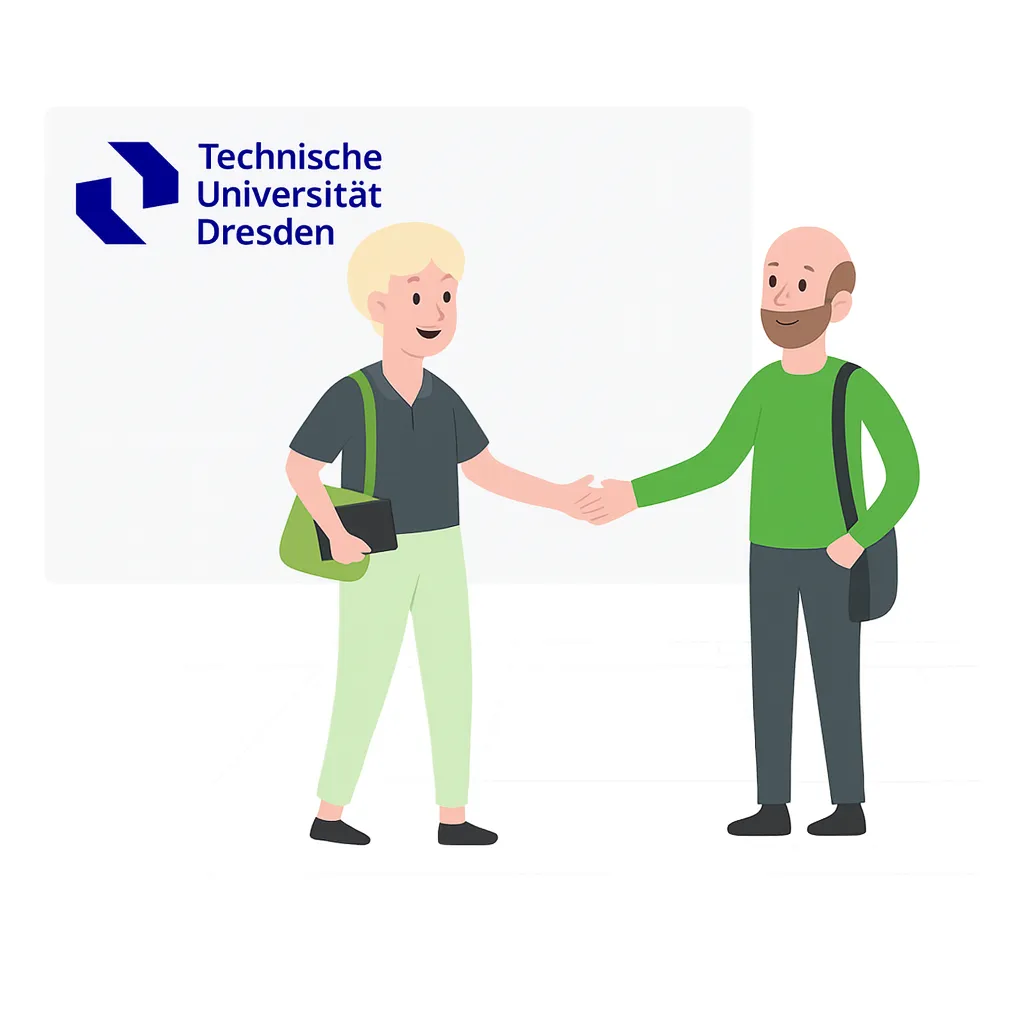 Zwei Personen mit Taschen an der Technischen Universität Dresden schütteln sich die Hand.
