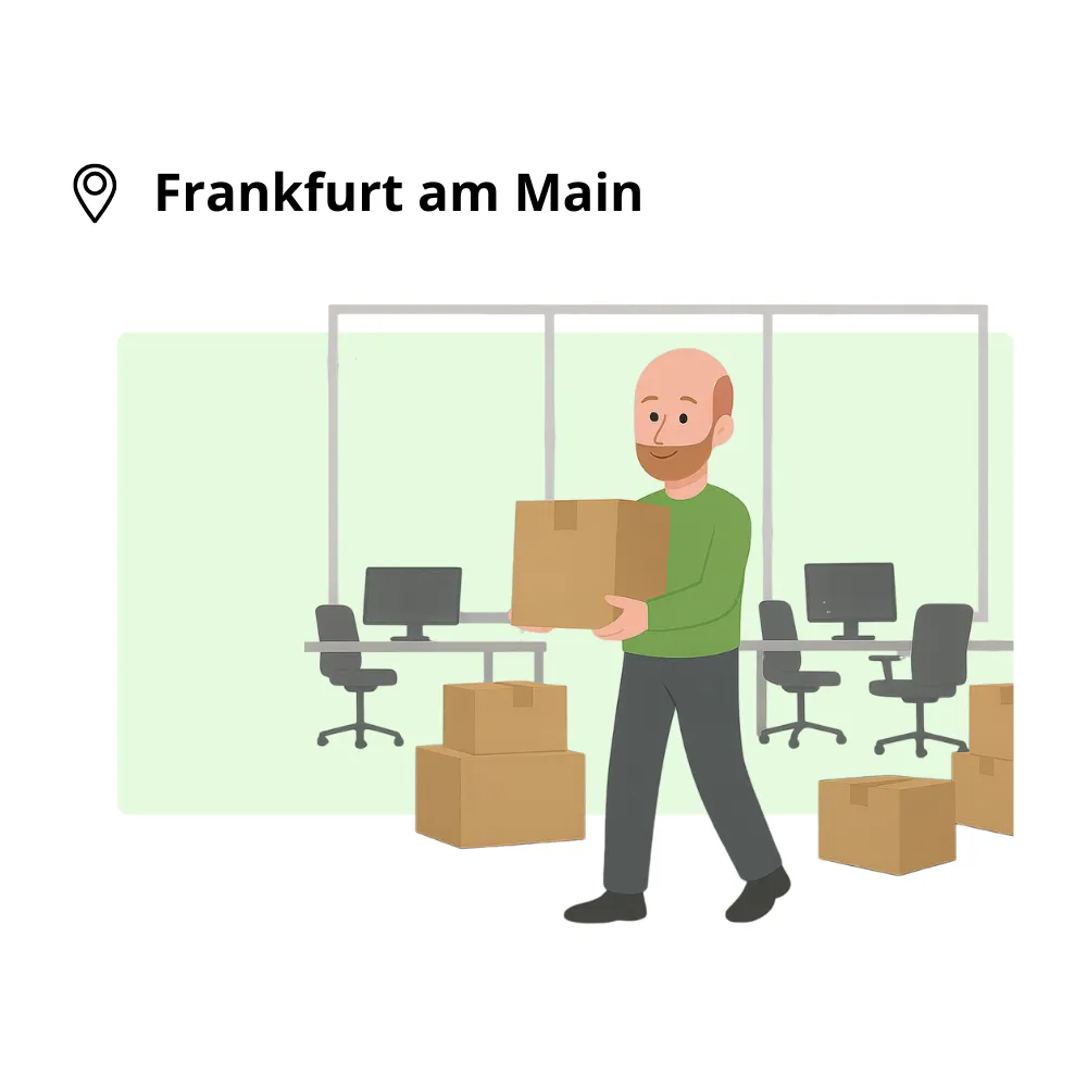 Ein Mann trägt einen Karton in einem Büro mit mehreren leeren Kartons und Computern, Standort Frankfurt am Main.