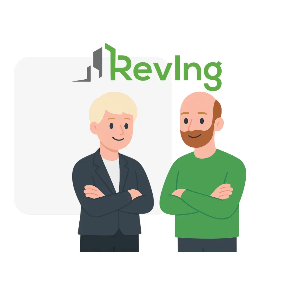 Illustration von zwei lächelnden Männern mit verschränkten Armen vor dem Text und Logo von RevIng.