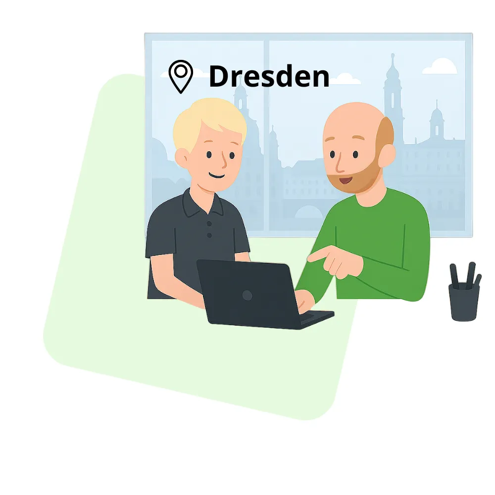 Zwei Personen arbeiten gemeinsam an einem Laptop an einem Tisch mit Blick auf Dresden im Hintergrund.