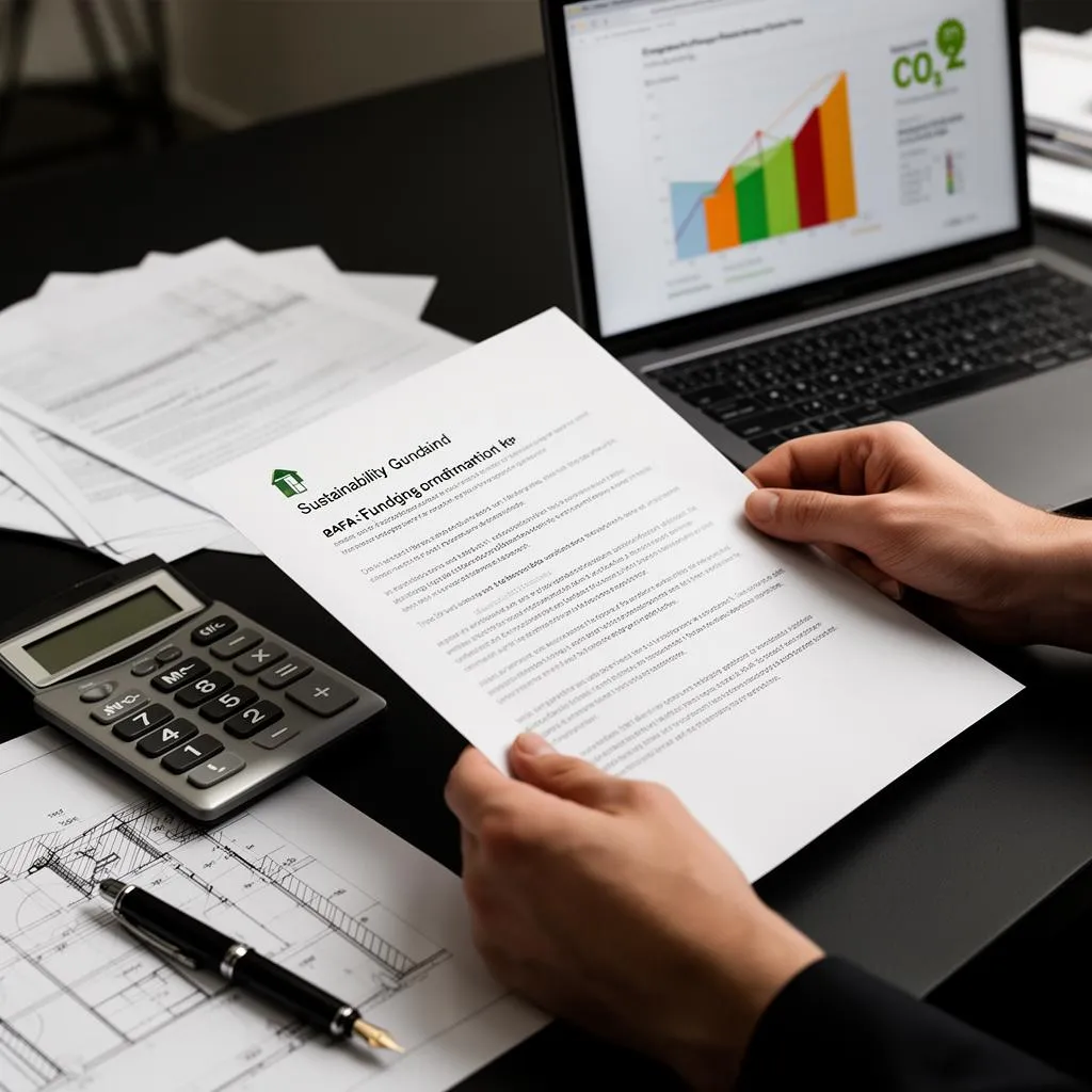 Energy consultant reviewing building certification documents and sustainability analysis
