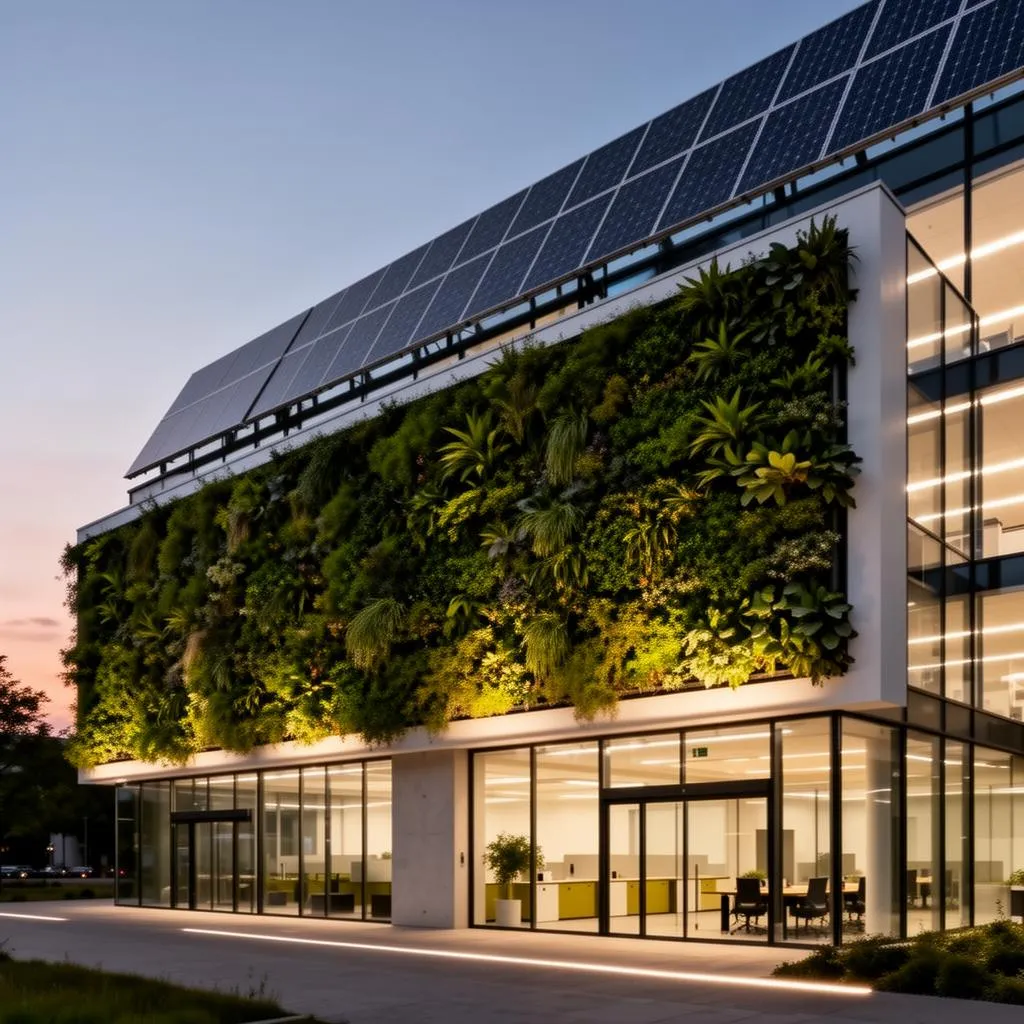 Modern sustainable office building with green facade and integrated solar panels