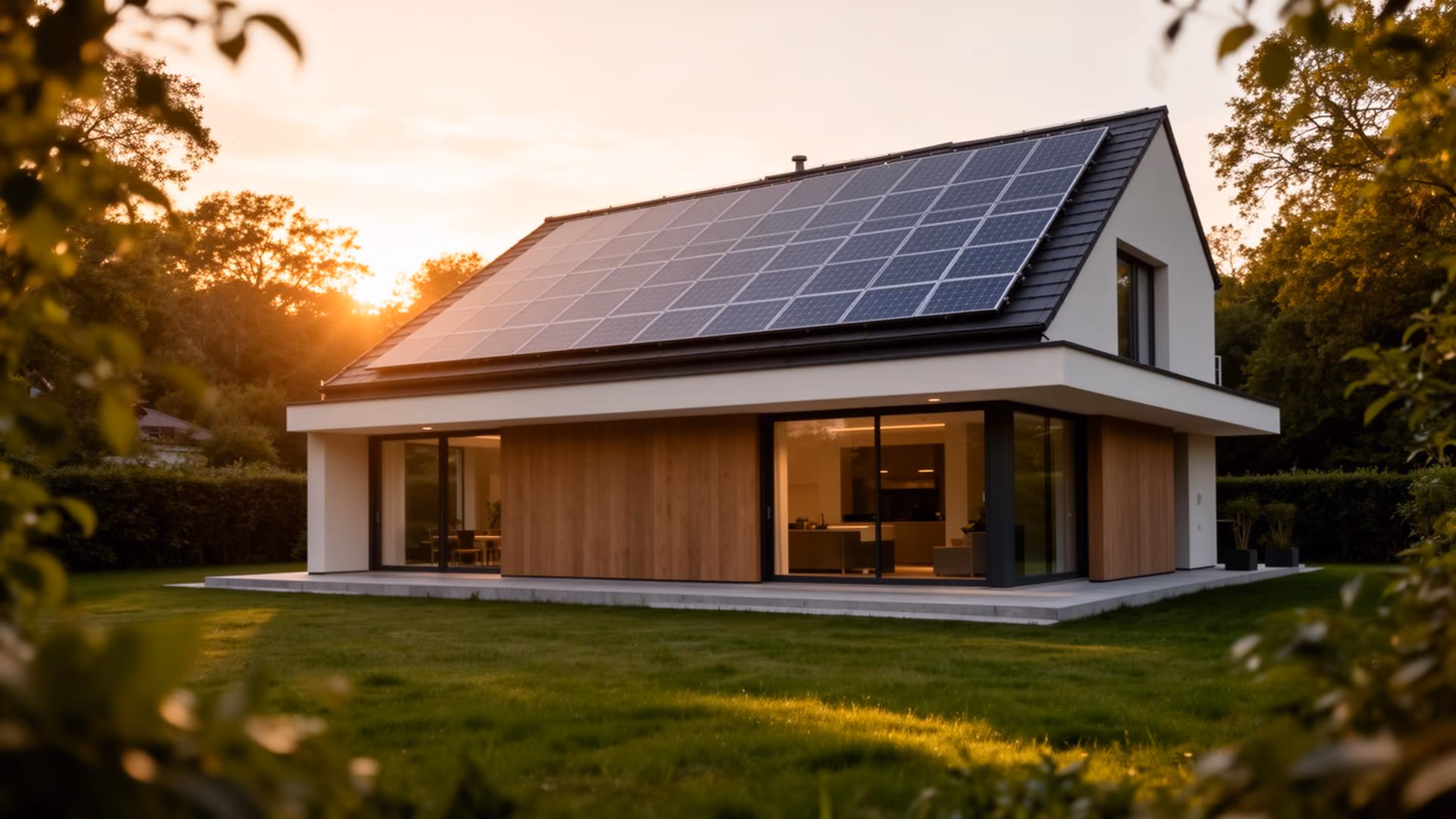 Modernes Haus mit Solarmodulen auf dem Dach bei Sonnenuntergang in einer grünen Umgebung.