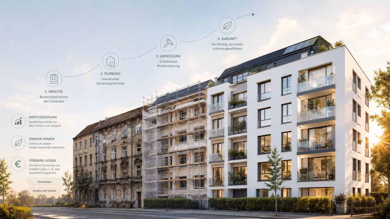 Modern apartment building renovation showcasing sustainable energy-efficient upgrades.