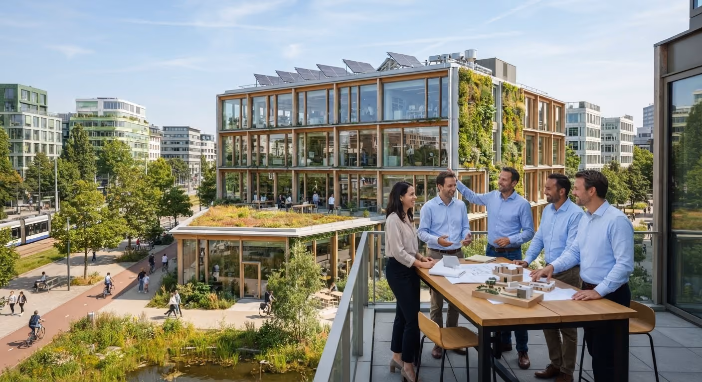 Sustainable office building with solar panels, greenery, and a team discussing plans.