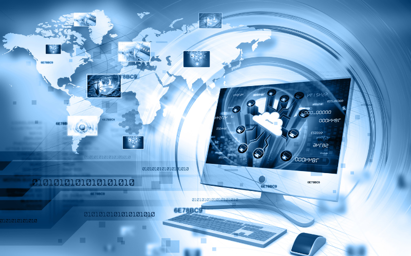 Desktop computer with digital display symbolizing connectivity through the web