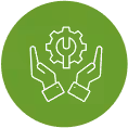 White line art icon of two hands holding a wrench crossed with a gear, inside a green circle, symbolizing technical support or maintenance.