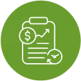 Green circular icon with a white graphic of a document featuring a folder, dollar sign, upward trend arrow, and checkmark.