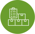 White icon of a clipboard with checklist above six stacked boxes inside a green circle.