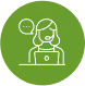 White line icon of a customer support representative wearing a headset with a microphone, shown from the chest up with a laptop and a speech bubble, inside a green circular background.