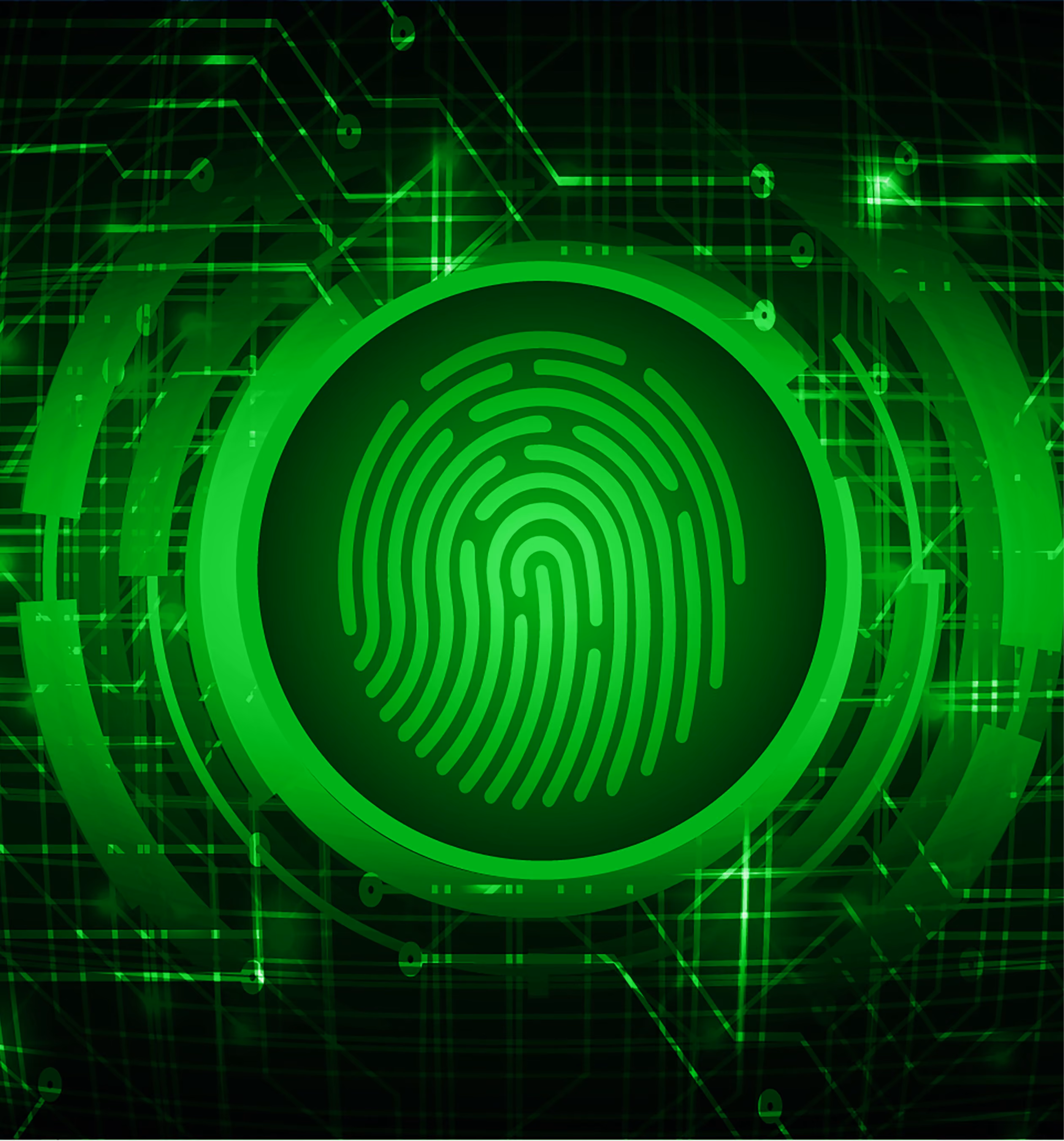 Green digital fingerprint icon centered on a glowing circular interface with futuristic circuit patterns in the background.