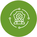 White line art icon of a head with a gear inside, surrounded by connected dots in a circular arrangement, on a green circular background.