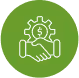 White handshake icon with a gear and person symbol above, inside a green circular background.