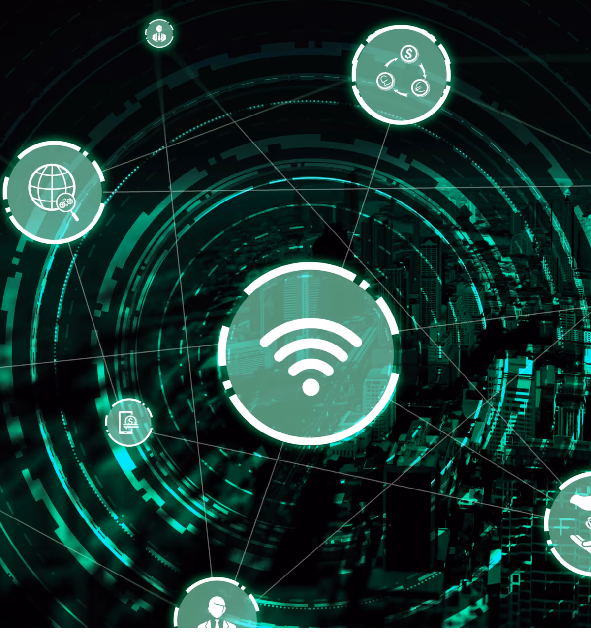 Digital network interface with green wireless signal icon at center interconnected with icons representing global internet, currency exchange, user profiles, and mobile transactions over a cityscape background.
