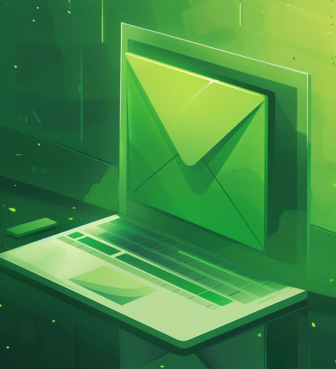 Green-themed digital illustration of a laptop with a large glowing envelope icon on its screen symbolizing email or messaging in a futuristic setting.