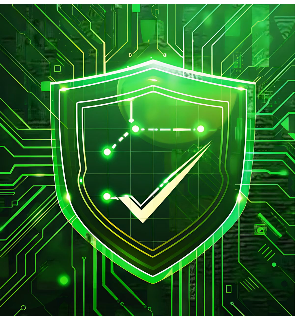 A glowing green shield with a checkmark in the center, surrounded by circuit board patterns symbolizing cybersecurity and digital protection.
