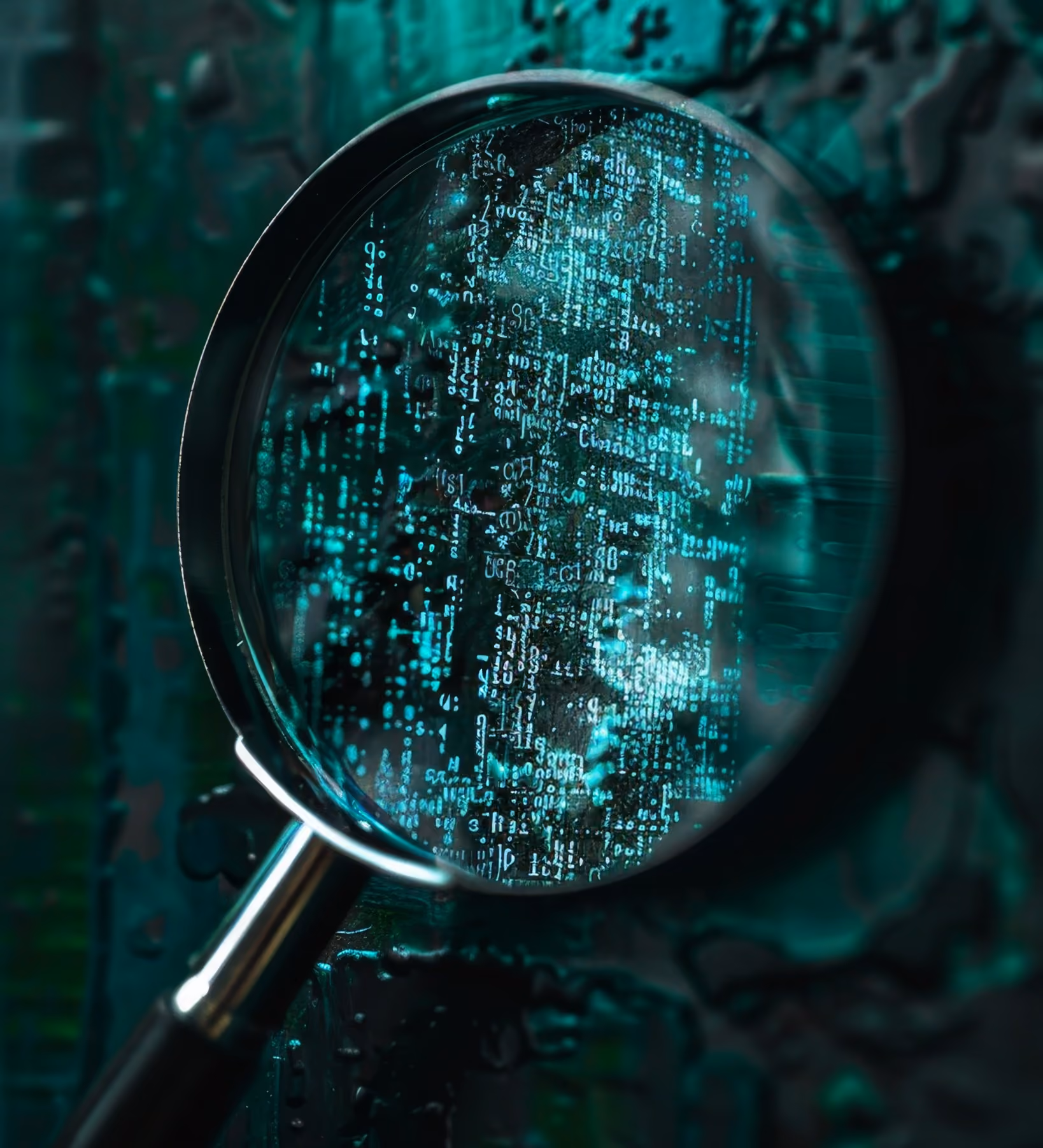 A magnifying glass with a black handle is held over a dark circuit board, revealing glowing turquoise digital code and symbols beneath the lens.