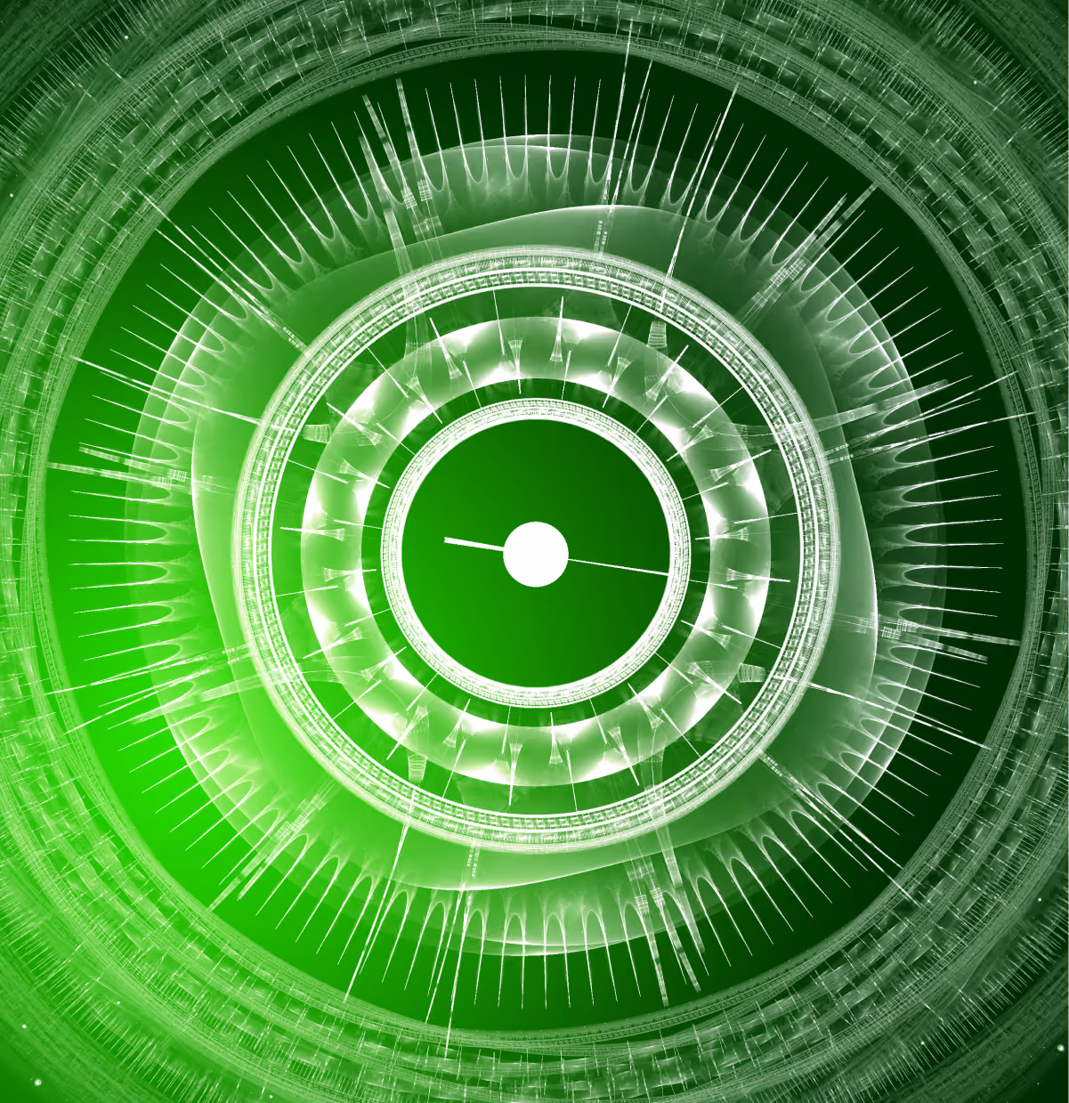 Abstract green circular digital pattern with concentric translucent rings and radial spikes, resembling a futuristic scanner or technological interface.