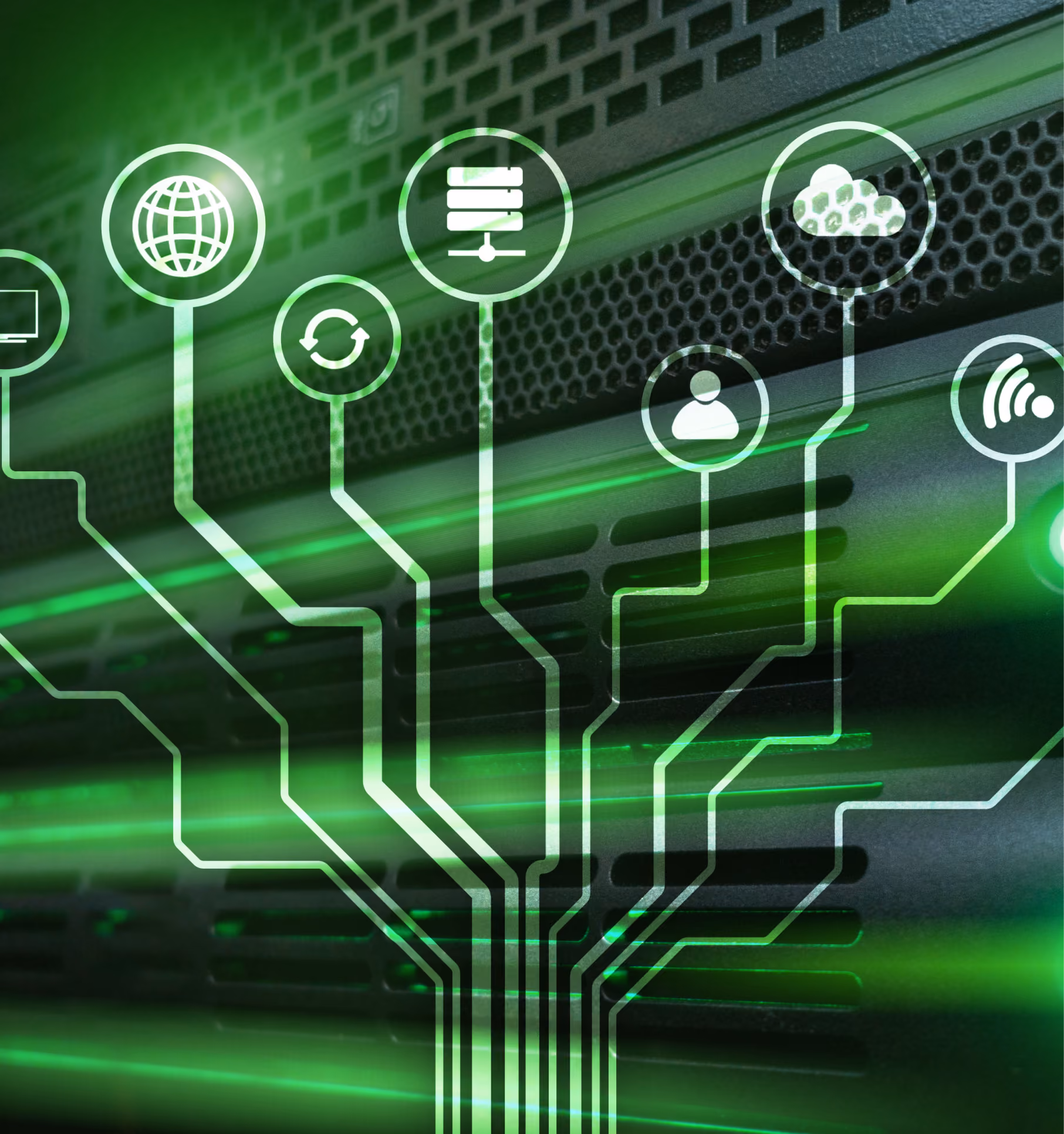Close-up of a black server with green light streaks and digital icons representing internet, synchronization, database, user, cloud storage, and wireless network connected by circuit-like lines.