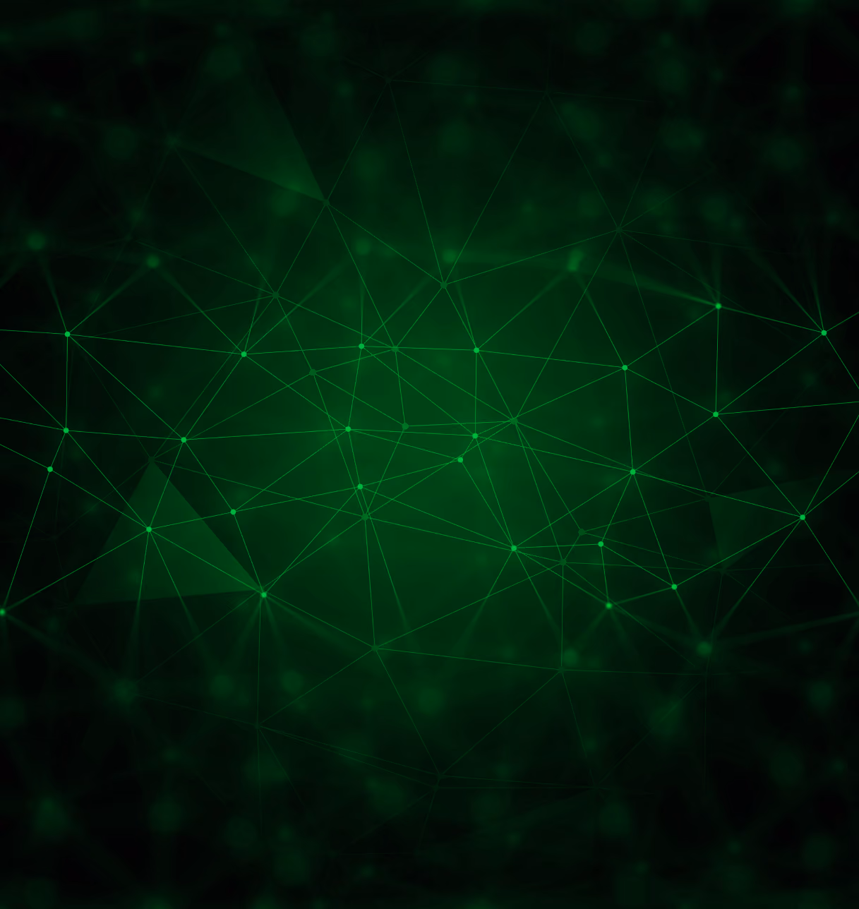 Abstract dark green background with interconnected glowing green points and lines forming a network pattern.