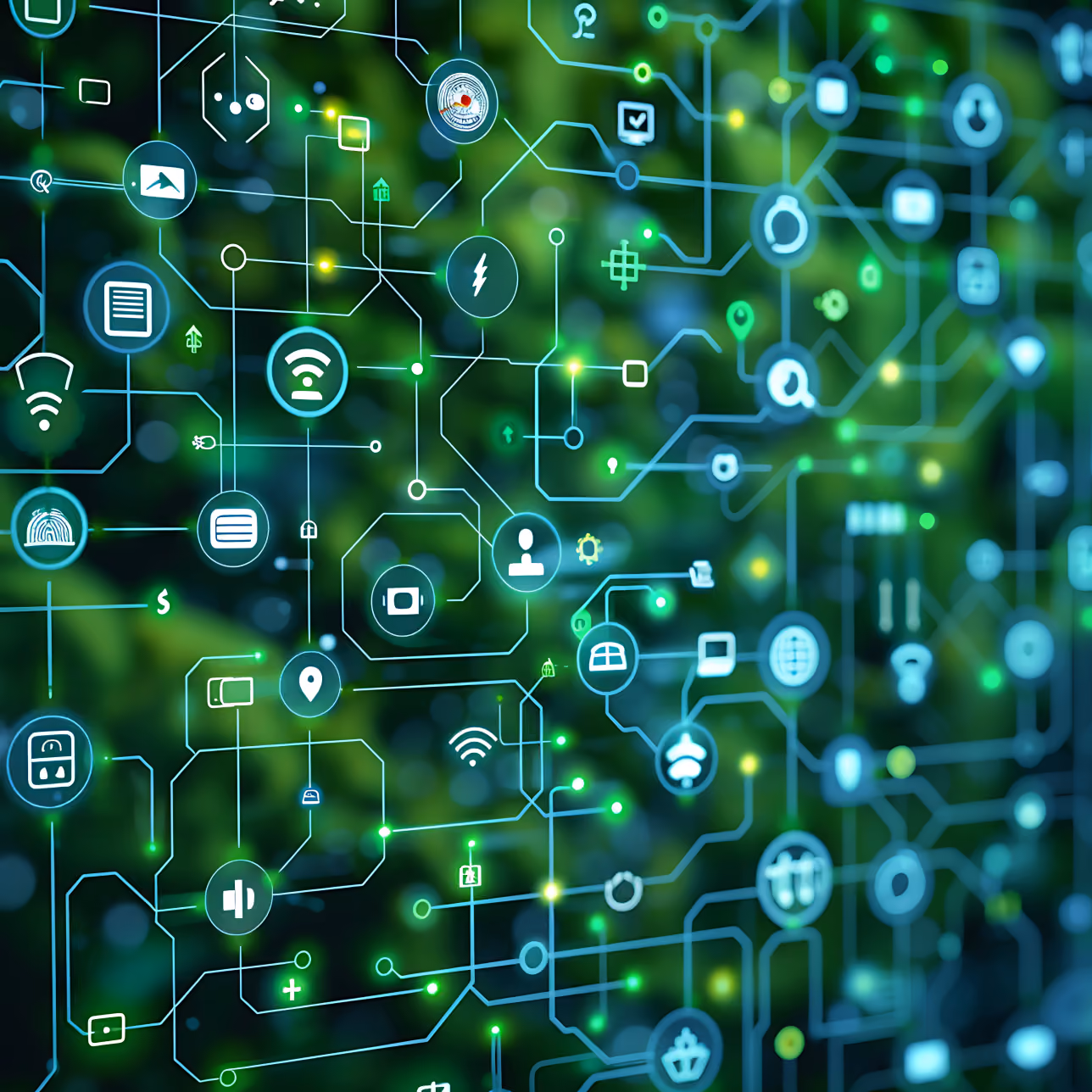 Abstract digital network visualization with glowing blue and green circuit lines connecting various icons such as Wi-Fi, fingerprint, user, location pin, lock, camera, and power symbols on a blurred green background.
