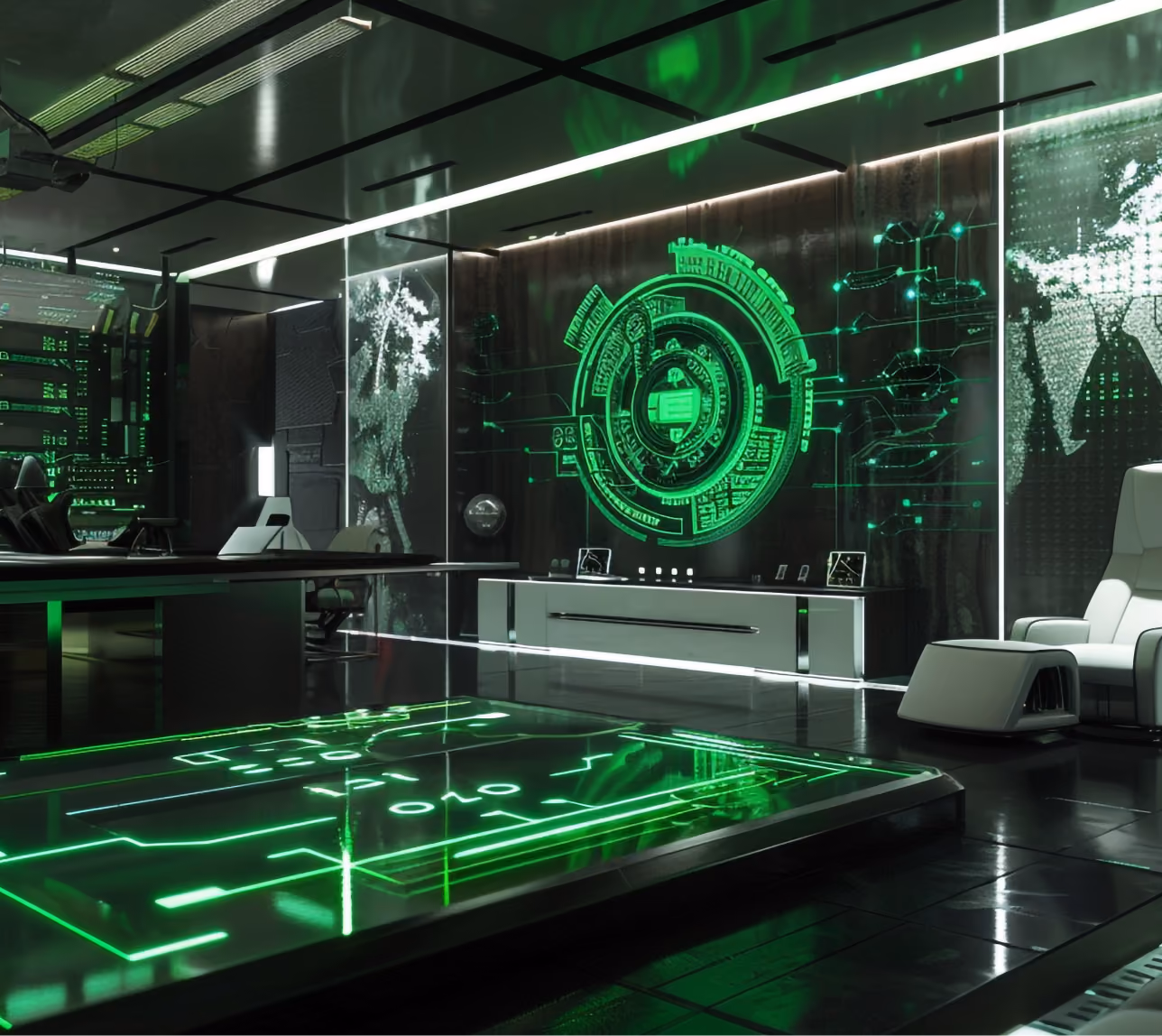 Futuristic high-tech room with dark glossy floors and walls illuminated by glowing green digital holograms and interfaces, featuring a large circular holographic display on the back wall and a horizontal touch table with green-lit data patterns in the foreground, surrounded by modern white chairs and sleek black furniture.