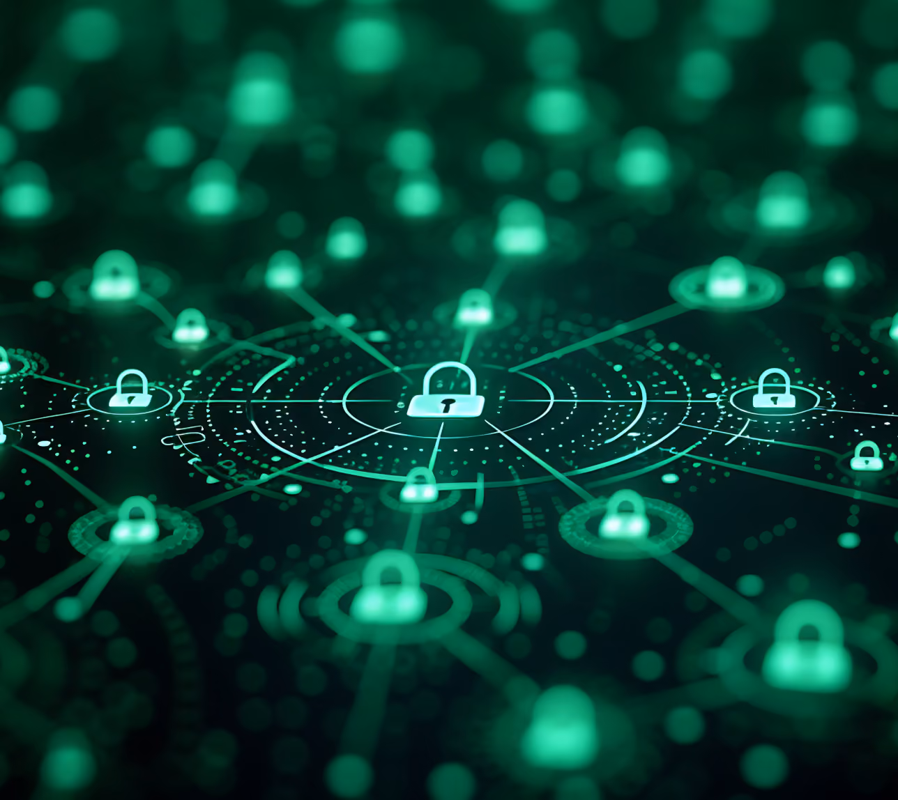 Glowing green digital network with multiple padlock icons connected by lines, symbolizing cybersecurity and data protection.