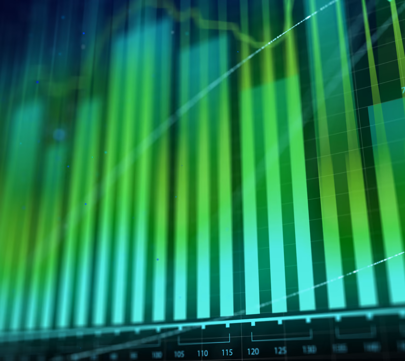 Abstract digital illustration of green and blue vertical bar chart with fluctuating data lines, representing market growth and finance data.