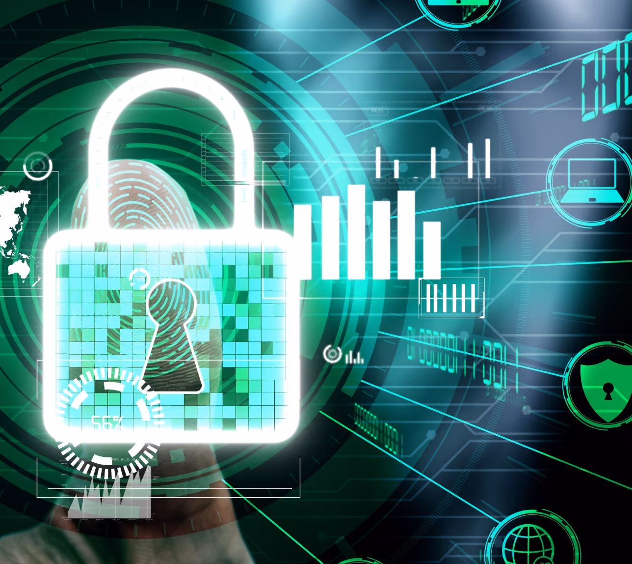 Glowing digital padlock overlaid on a fingerprint and surrounded by futuristic data charts, computer icons, and security symbols in green and blue tones, representing cybersecurity and data protection technology.