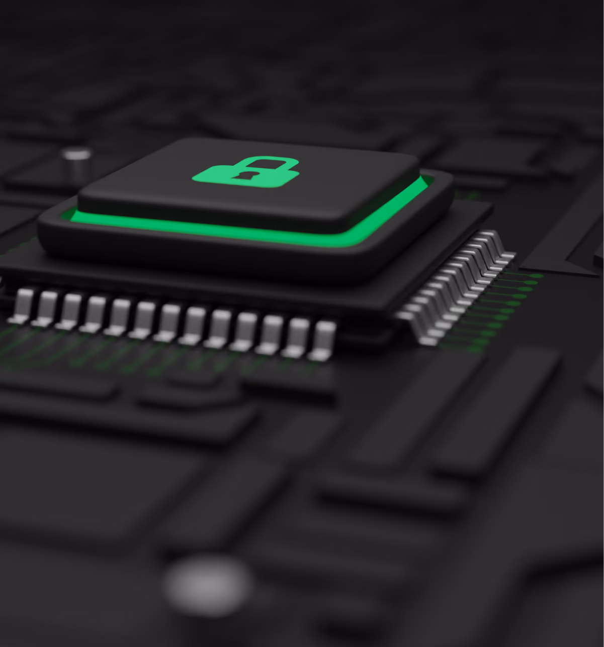 Close-up of a black computer chip with a glowing green lock icon on top, symbolizing cybersecurity or data protection.
