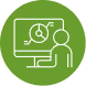 Icon of a person sitting at a desk facing a computer screen displaying a pie chart and a line graph on a green circular background.