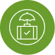 White line icon of a storefront with an awning and a shopping bag featuring a checkmark, inside a green circle.
