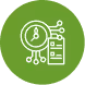White line icon of a magnifying glass examining a document with data charts, connected to a circuit board, set on a green circular background.