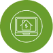 White line icon of a laptop displaying a house with a dollar sign on the screen, set on a green circular background.