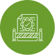 White icon of a fan with blades encased in a box with two vertical side bars and a striped base, set on a green circular background.