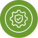 White shield with a checkmark inside a gear icon on a green circular background symbolizing secure settings or protection.