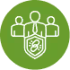 Icon with three people above a shield containing a bug symbol, representing team protection or cybersecurity.