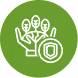 White line icon of two hands holding shield and three people on a green circular background, symbolizing protection or insurance for people.