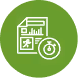 White icon of a report with charts and a stopwatch inside a green circle background.