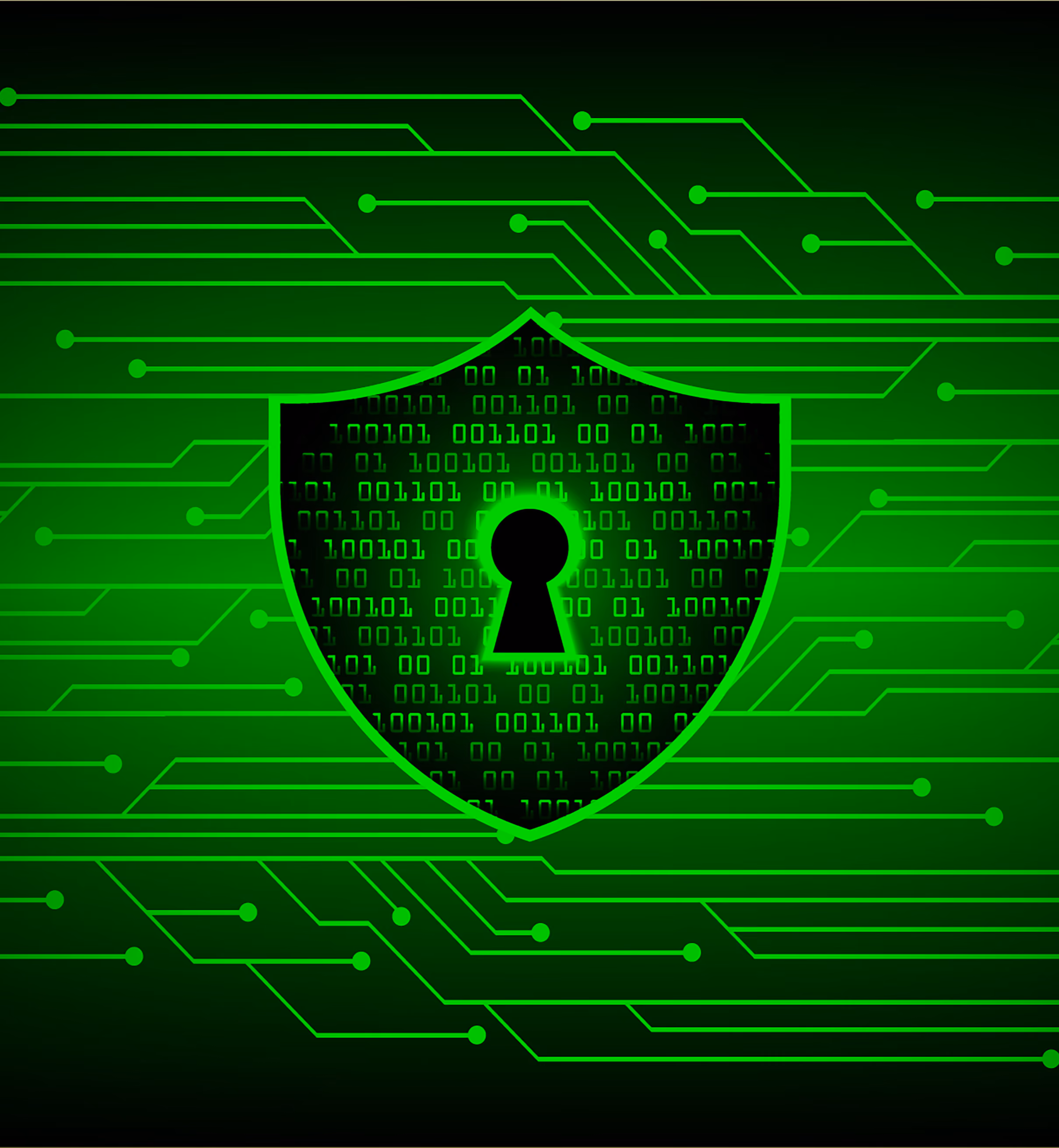 A green digital shield with a keyhole in the center overlaid on a background of green circuit lines and binary code, symbolizing cybersecurity and data protection.