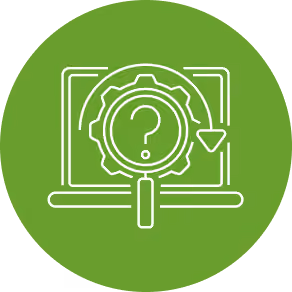 Icon of a laptop with a magnifying glass focusing on a gear containing a question mark, symbolizing technical support or troubleshooting.