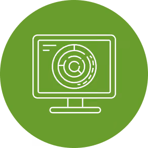 White line illustration of a computer monitor displaying a radar screen with concentric circles on a green circular background.