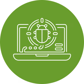White line drawing of a laptop with a bug icon on the screen, symbolizing software debugging or virus detection, set against a green circular background.
