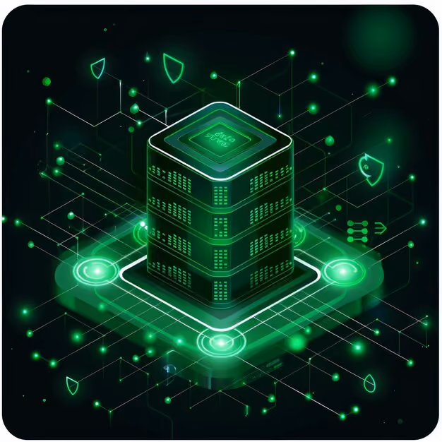 Isometric illustration of a glowing green data center server stack connected by lines and nodes symbolizing network security and data flow.