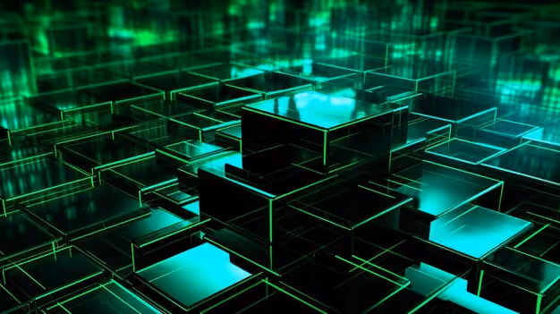 Abstract 3D digital art of overlapping translucent glowing turquoise and green blocks forming a grid-like pattern.