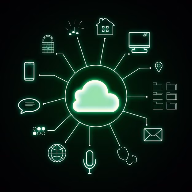 Glowing green cloud icon at center connected to various technology and communication icons including a lock, smartphone, speech bubble, globe, microphone, stethoscope, envelope, folders, location pin, computer monitor, home, and musical notes representing cloud computing and connectivity.