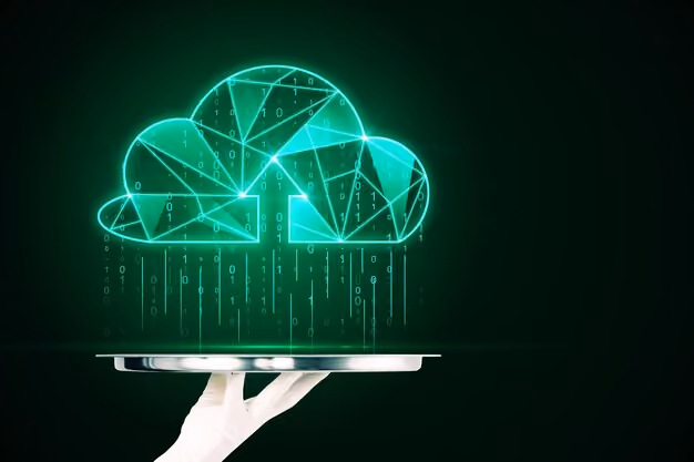A white-gloved hand holding a silver tray with a glowing green digital cloud icon made of geometric lines and binary code on a dark background.