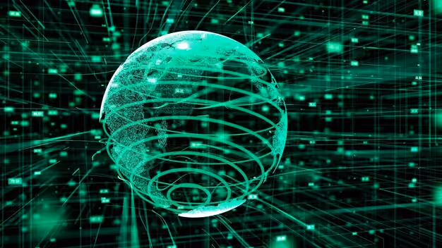 Digital globe surrounded by interconnected lines and nodes representing a global online internet network concept on a dark background.