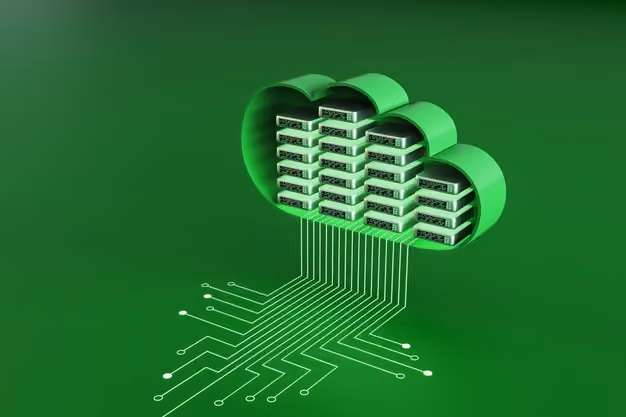 Green cloud-shaped outline containing stacked servers connected to circuit-like lines extending downward on a green gradient background, symbolizing cloud computing or data storage.